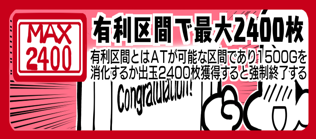 MAX2400 有利区間で最大2400枚 有利区間とはATが可能な区間であり1500Gを消化するか出玉2400枚獲得すると強制終了する