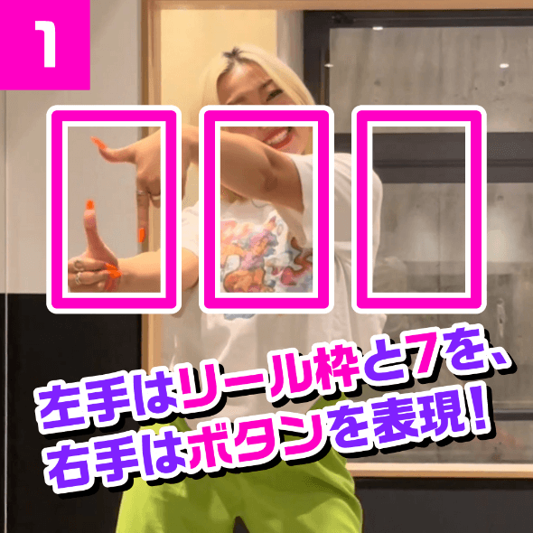 ①左手はリール枠と7を、右手はボタンを表現!